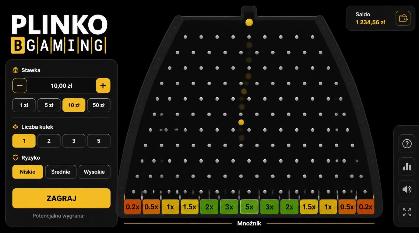 Gra Plinko w akcji z widocznym procesem rzutu kulki i mnożnikami