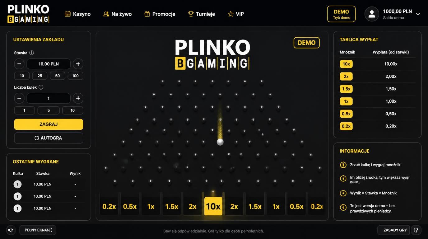 Wersja demo Plinko bez depozytu, ale z pełną mechaniką gry